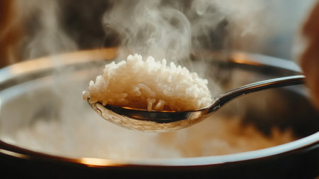 Close-up of a spoonful of hot steamed rice being served from a rice cooker, with fluffy grains and visible steam, symbolizing the comfort of a home-cooked meal.の素材