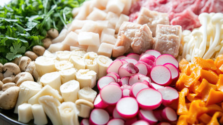 A selection of colorful and fresh ingredients for shabu, including radishes, lotus root, and mushrooms, artfully arranged on a large platter, ready to be cookedの素材