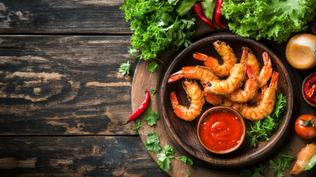 A platter of freshly cooked shrimp served with green salads and spicy sauce. Perfect for a gourmet meal or appetizer on a rustic wooden table.の素材