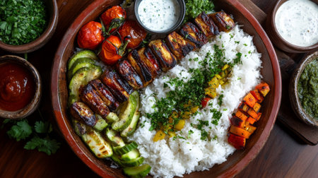 A vibrant platter of grilled kebabs served with fresh vegetables and fluffy rice. Enjoy this colorful culinary masterpiece garnished with herbs and sauces.の素材