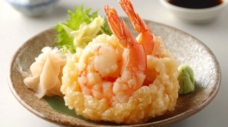 Indulge in a vibrant plate of crispy tempura shrimp, beautifully presented with fresh vegetables, wasabi, and sauces, perfect for any seafood lover.の素材