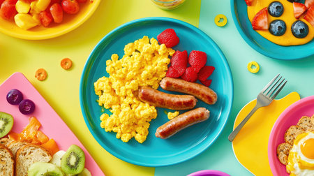 A colorful breakfast spread with sausages, scrambled eggs, and fresh fruit, showcasing a balanced and delicious morning meal that's perfect for starting the day right.の素材