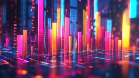 A D financial bar graph with colorful, rising bars and an arrow pointing upward, symbolizing business growth and success, set against a sleek, digital background.の素材