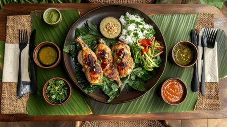 Delicious grilled chicken served on a large plate, surrounded by fresh herbs, rice, and colorful sauces, showcasing a vibrant culinary experience.の素材