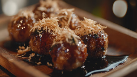 A close-up shot of freshly cooked takoyaki balls on a wooden plate, garnished with bonito flakes and drizzled with savory sauce, capturing the delicious details of this popular Japanese street food.の素材