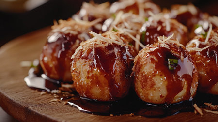 A close-up shot of freshly cooked takoyaki balls on a wooden plate, garnished with bonito flakes and drizzled with savory sauce, capturing the delicious details of this popular Japanese street food.の素材