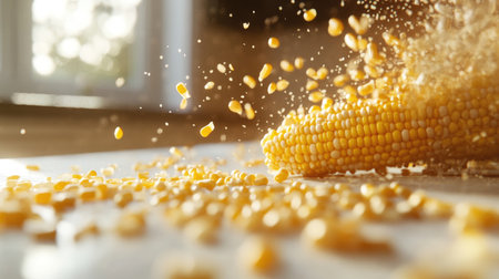 A detailed close-up of corn kernels being removed from the cob, with a focus on the texture and color of the kernels, set against a clean kitchen counter.の素材
