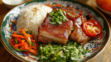 A delicious serving of crispy pork belly served with jasmine rice and a side of tangy pickled vegetables, arranged on a colorful plate to create an appetizing and satisfying meal.の素材