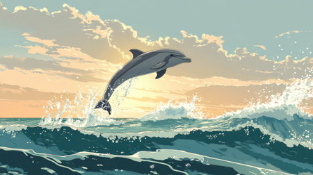 A dynamic image of a dolphin performing a high jump above the ocean waves, set against a backdrop of a sunny sky and a sparkling sea.の素材