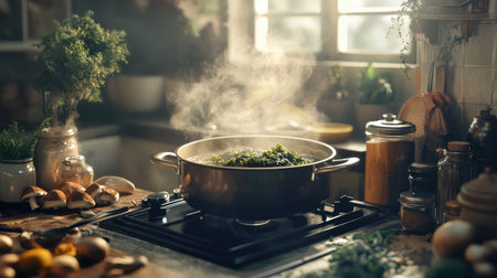 A cozy kitchen scene with a pot of bubbling seaweed soup on the stove, surrounded by fresh ingredients like seaweed, mushrooms, and spices, capturing the essence of home cooking.の素材