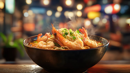 A delicious ramen bowl featuring seafood toppings like shrimp and squid, artfully arranged in the broth, with a blurred background of a traditional Japanese setting for an authentic feel.の素材