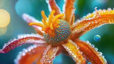 A detailed macro shot of a wildflower with vibrant colors and intricate textures, set against a natural background of greenery and sunlight.の素材