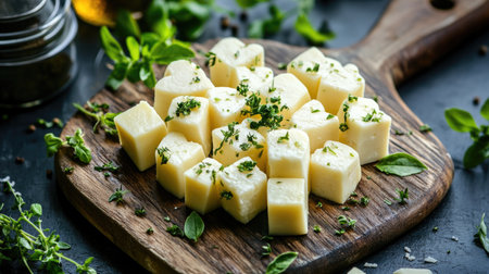 A creative shot of cheese cubes arranged in the shape of a heart, garnished with fresh herbs, presenting a romantic touch perfect for date nights or special occasions.の素材