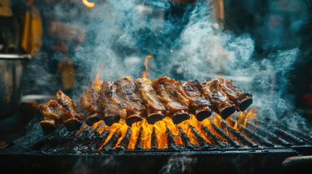 A dynamic image of pork ribs being grilled over an open flame, with smoke rising and the ribs getting a perfect sear, showcasing the grilling process.の素材