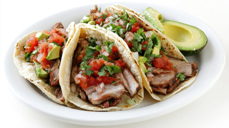 A gourmet plate of pork belly tacos, filled with vibrant toppings like salsa, avocado, and cilantro, presented on a white background to emphasize the dish's colorful ingredients.の素材