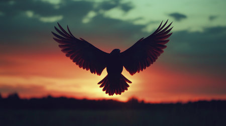 A powerful image of a bird in flight, captured as a silhouette against a dramatic sunset sky, highlighting the wingspan and motion of the bird.の素材
