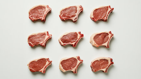 A neatly arranged display of fresh pork steaks, including different cuts like shoulder and ribeye, with a simple white background to emphasize their quality.の素材