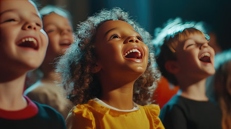 A joyful children's choir singing together in a school auditorium, their faces lit up with excitement and happiness, illustrating the joy of music in education.の素材