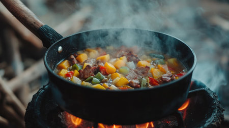 A high-angle shot of a bubbling pot of soup on the stove, with colorful vegetables and meat visible through the steam, creating a comforting cooking scene.の素材