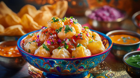 Enjoy a colorful array of Indian snacks featuring crispy treats served with vibrant chutneys. Perfect for festive gatherings or casual dining.の素材