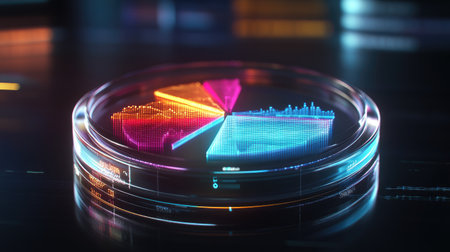 A glowing D pie chart with transparent sections, hovering in a digital space, with each segment representing different financial data points and percentages.の素材