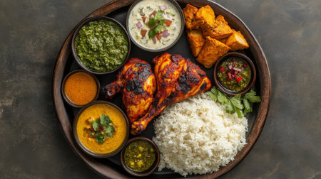 Indulge in a vibrant Indian cuisine platter featuring grilled chicken, fluffy rice, and various savory sides. Experience delightful flavors and colors.の素材