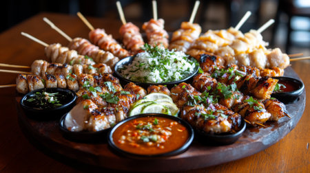 A vibrant presentation of grilled meats and rice garnished with fresh herbs. This gourmet platter showcases various skewers and delicious dipping sauces, perfect for any gathering.の素材