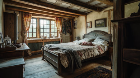 A rustic-themed bedroom with exposed wooden beams, a farmhouse-style bed, and cozy textiles, evoking a warm and inviting feeling reminiscent of country living.の素材
