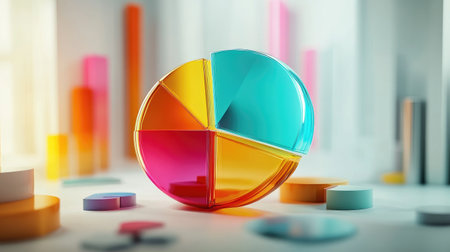 A modern D pie chart with colorful, glass-like slices rotating slightly, highlighting key data points in a business or financial presentation setting.の素材