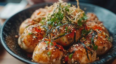 Vibrantly presented food dish garnished with fresh herbs and colorful toppings. Perfectly styled for a gourmet dining experience showcasing textures and flavors.の素材