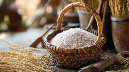 A rustic wooden basket filled with freshly harvested paddy rice, displayed on a farm table, with traditional farming tools in the background, evoking a sense of tradition.の素材