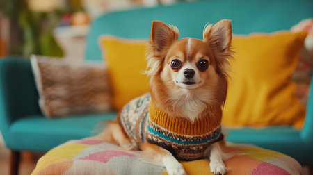 A small dog in a stylish sweater posing on a colorful cushion, showcasing its fashionable side and adorable personality in a well-decorated home environment.の素材