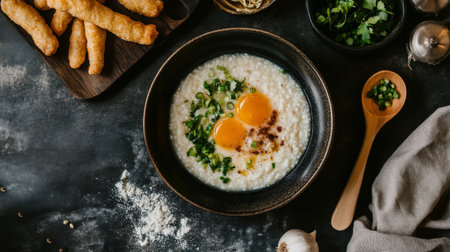 A cozy bowl of congee topped with fresh eggs and green onions, surrounded by delightful ingredients. Perfect for a comforting meal anytime.の素材