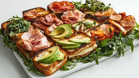 A stylish arrangement of several toasted sandwiches with different fillings, like ham and cheese and turkey and avocado, presented on a white platter with fresh greens.の素材