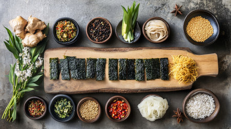 A beautifully arranged display of fresh seaweed and various ingredients on a wooden board, showcasing culinary creativity and vibrant colors for meal preparation.の素材