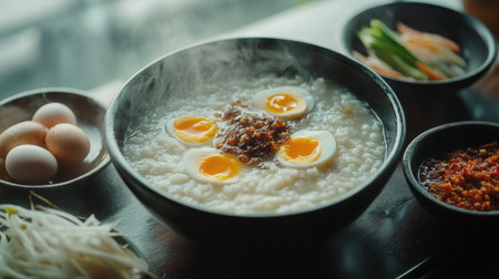 A steamy, comforting bowl of rice porridge on a cold, misty morning, with side dishes of salted eggs, pickled radish, and spicy chili paste completing the scene.の素材