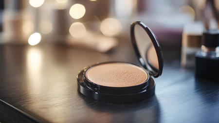 A stylish close-up of a powder puff and compact powder on a modern, sleek makeup table, with subtle lighting that highlights the texture and quality of the products.の素材