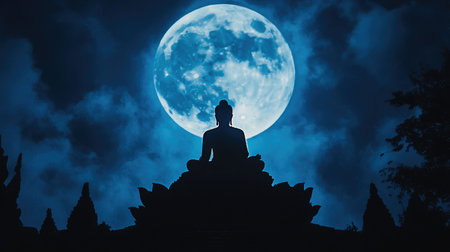 A silhouette of a seated Buddha statue framed by a large, round full moon, with the moonlight casting a soft glow around the figure and creating a mystical effect.の素材