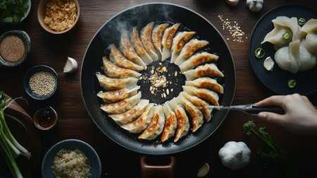 A beautifully arranged plate of delicious dumplings frying in a modern kitchen setting, showcasing fresh ingredients and inviting colors. Perfect for food lovers.の素材