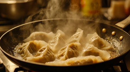 Fresh dumplings steam in a frying pan, showcasing a warm and inviting atmosphere in the kitchen. This image captures the essence of traditional cooking.の素材