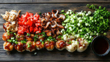 A vibrant sushi platter showcases an array of fresh ingredients including octopus, tomatoes, and scallions, presented beautifully on a wooden table, perfect for any dining occasion.の素材