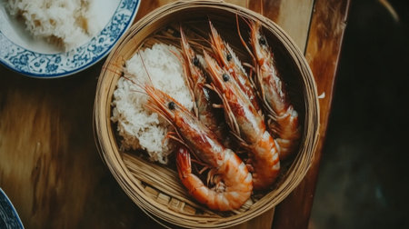 A beautiful presentation of freshly cooked shrimp paired with fluffy steamed rice in a bamboo basket, showcasing a delicious and flavorful meal perfect for seafood lovers.の素材
