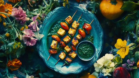 Delight in a vibrant plate of grilled skewers featuring fresh vegetables and a rich sauce, beautifully arranged among colorful flowers for a stunning presentation.の素材