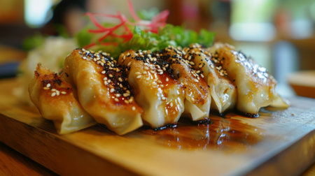 A mouthwatering view of gyoza dumplings served on a wooden platter, garnished with sesame seeds and herbs, showcasing a delicious Asian culinary experience.の素材