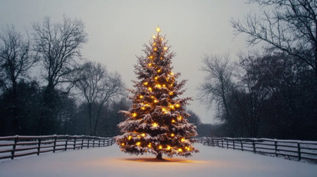 A stunning winter landscape featuring a beautifully decorated Christmas tree glowing with lights. Soft snow blankets the ground, creating a serene and magical atmosphere.の素材