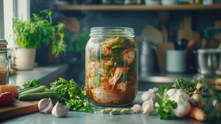 A clear glass jar filled with freshly prepared fermented vegetables sits on a rustic kitchen countertop, surrounded by fresh ingredients, embodying healthy cooking and natural fermentation.の素材