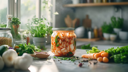 A vibrant jar of homemade kimchi sits in a rustic kitchen, surrounded by fresh vegetables and herbs, showcasing the art of fermentation and healthy eating.の素材