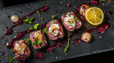 Artistic presentation of grilled meat garnished with sauce and herbs on a black slate plate, showcasing vibrant color and exquisite flavor profiles.の素材