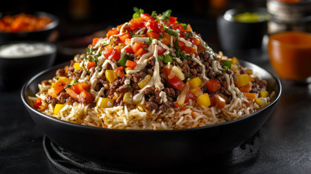 A visually appealing beef rice bowl topped with fresh vegetables, sauces, and herbs. Perfect for food photography and showcasing vibrant meals.の素材
