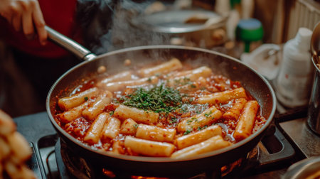A vibrant cooking scene featuring tteokbokki in a pan on the stove. The dish is rich in flavor, surrounded by steam and garnished with fresh herbs. Perfect for food enthusiasts.の素材